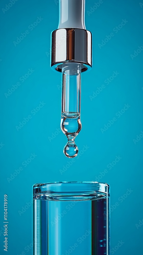A clear dropper releases a droplet of liquid into a transparent glass container filled with water, set against a vibrant blue backdrop A clear dropper releases a droplet of liquid into a transparent glass container filled with water, set against a vibrant blue backdrop