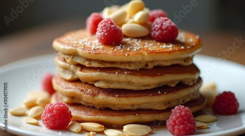 Fluffy almond flour pancakes topped with fresh berries and maple syrup photo