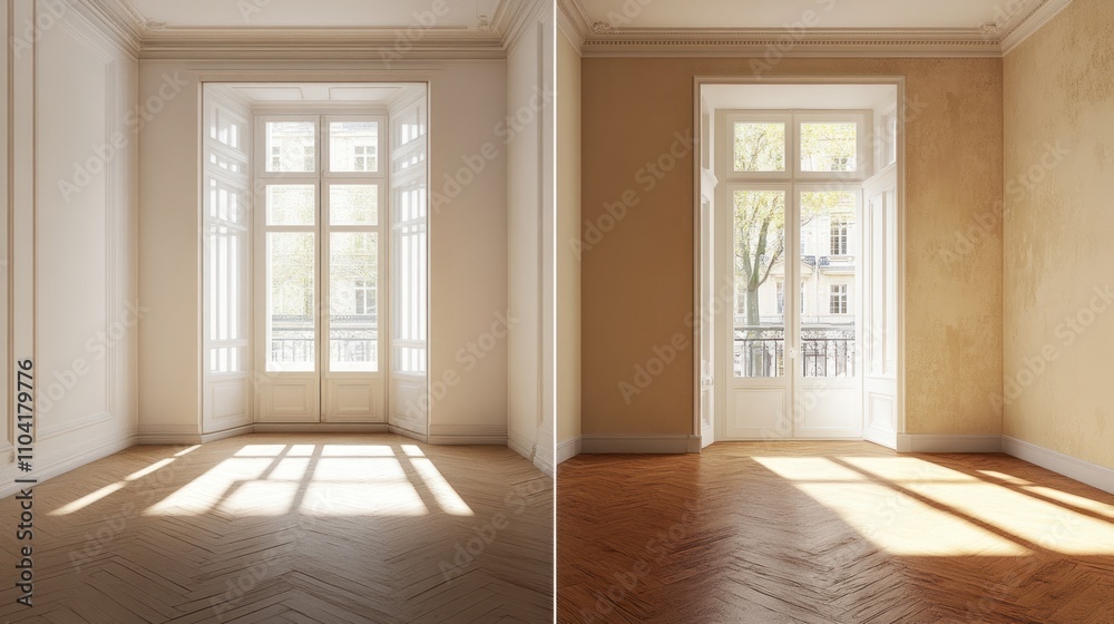 Obraz premium A Comparison of Two Empty Rooms with White and Beige Walls and a View of a Tree through French Doors