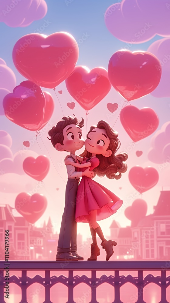 A romantic scene featuring a couple surrounded by heart-shaped balloons. A romantic scene featuring a couple surrounded by heart-shaped balloons.