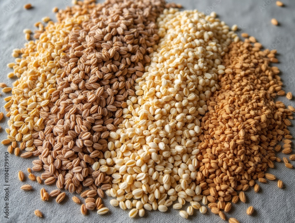 Variety of whole grains on linen cloth, rustic and natural presentation, pattern Variety of whole grains on linen cloth, rustic and natural presentation, pattern