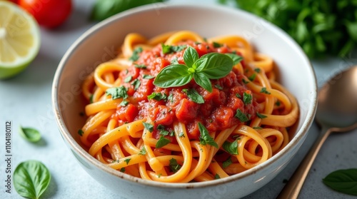 Vibrant vegetable pasta with tomato sauce and herbs, healthy and colorful meal