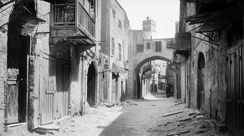 Deserted alleyway captures the essence of a bygone era in black and white photo