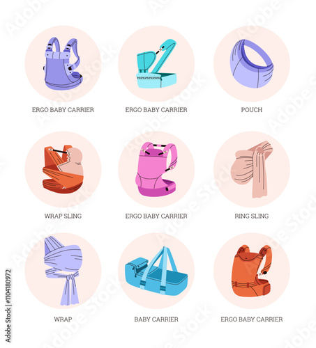 Ergo baby carrier, wrap sling, textile pouch carriers for newborn vector set with titles, healthy parenting accessory