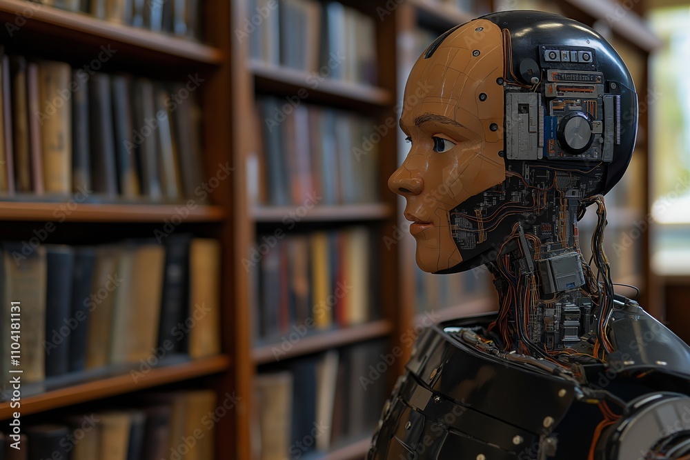 Fototapeta premium A humanoid robot stands in a library surrounded by books and knowledge.