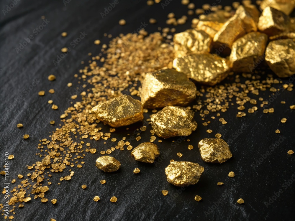 Sparkling Gold Nuggets on Black Background - Long Exposure Photography of Precious Stones, Illuminating Richness and Elegance Sparkling Gold Nuggets on Black Background - Long Exposure Photography of Precious Stones, Illuminating Richness and Elegance