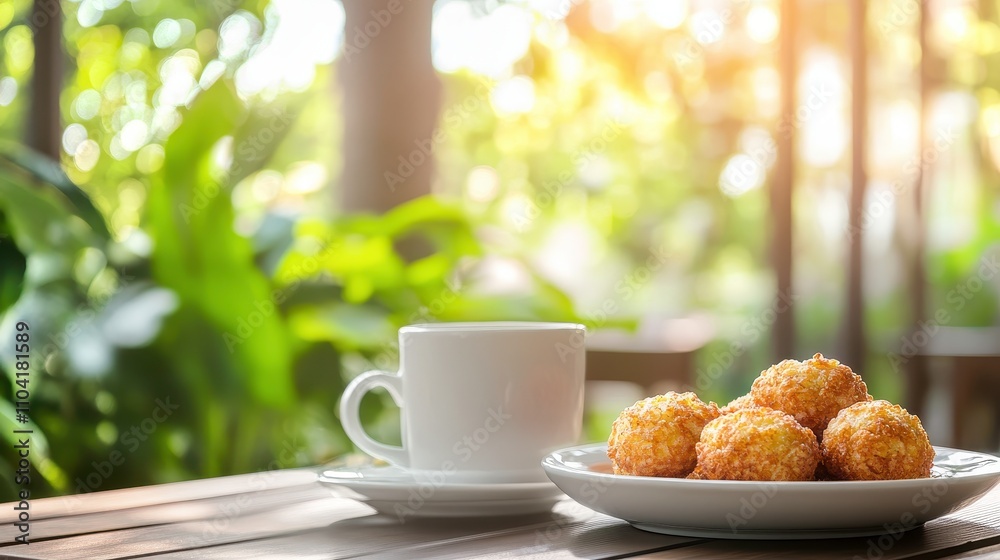 Golden-brown crispy snacks served on a white plate beside a steaming cup of coffee in a serene outdoor garden setting with lush greenery in the background Golden-brown crispy snacks served on a white plate beside a steaming cup of coffee in a serene outdoor garden setting with lush greenery in the background