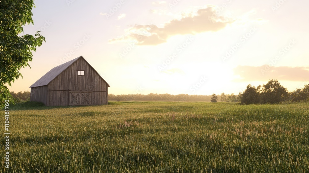 Photorealistic Sunset Scenery of Old Barn with Hayloft Window and Long Shadows over Grassy Field. Ultra-Detailed Rural Landscape Painting. Photorealistic Sunset Scenery of Old Barn with Hayloft Window and Long Shadows over Grassy Field. Ultra-Detailed Rural Landscape Painting.