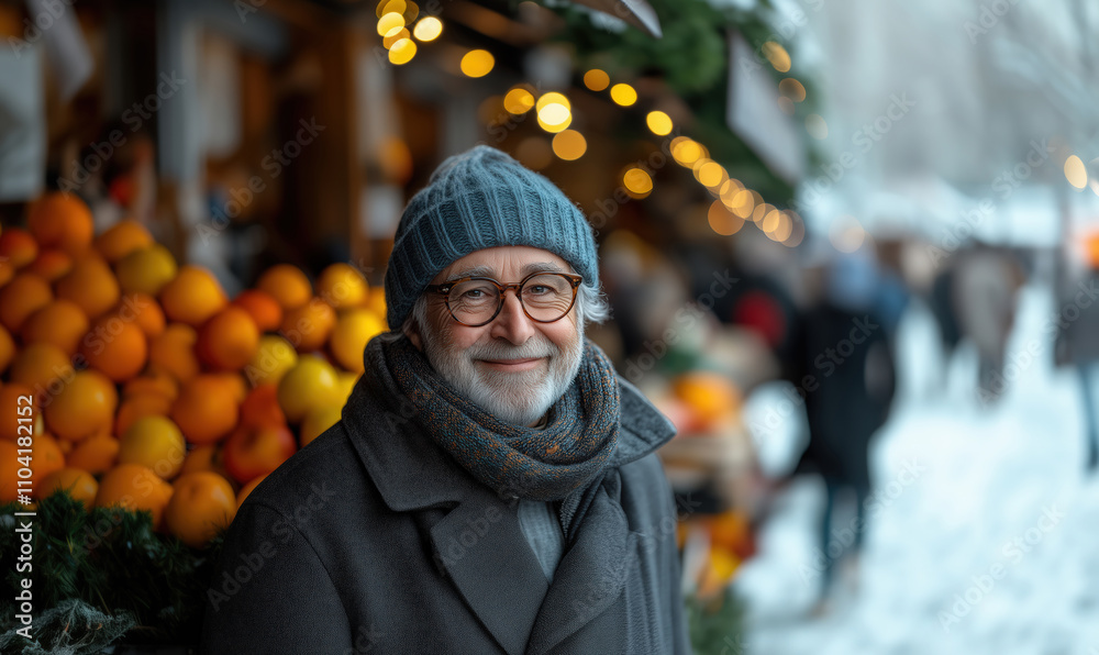 Elderly man in a knit hat and scarf. Display of oranges at a festive Christmas market. Soft glowing lights in the background. Snowy street. Warm coat. Cheerful expression. Cozy holiday atmosphere. Elderly man in a knit hat and scarf. Display of oranges at a festive Christmas market. Soft glowing lights in the background. Snowy street. Warm coat. Cheerful expression. Cozy holiday atmosphere.