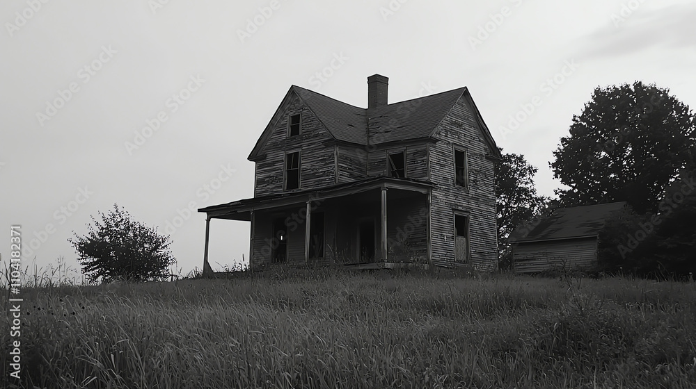 Old abandoned farmhouse in black and white on a quiet rural landscape