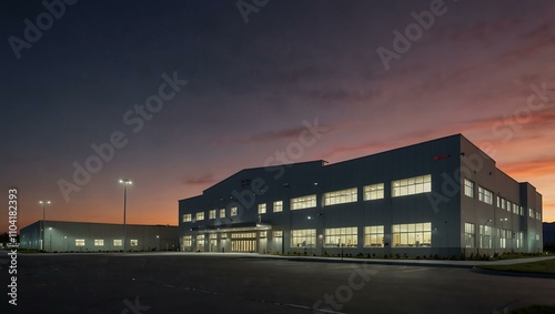 Aircraft manufacturing facility exterior at dusk, showcasing industrial precision.