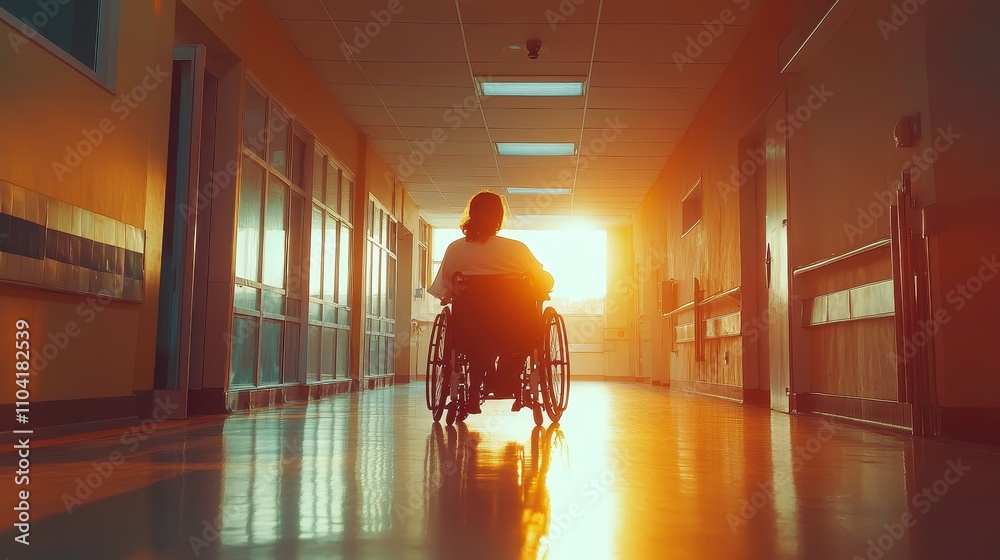 Serene Moment: Wheelchair User in Hospital Corridor with Bright Sunset Light, Capturing Hope and Resilience Amid Challenges in Life's Journey