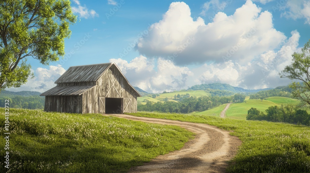 Idyllic Farmstead Scene: Weathered Barn Among Rolling Hills with Quaint Dirt Road - Ultra-Detailed Rural Landscape Idyllic Farmstead Scene: Weathered Barn Among Rolling Hills with Quaint Dirt Road - Ultra-Detailed Rural Landscape