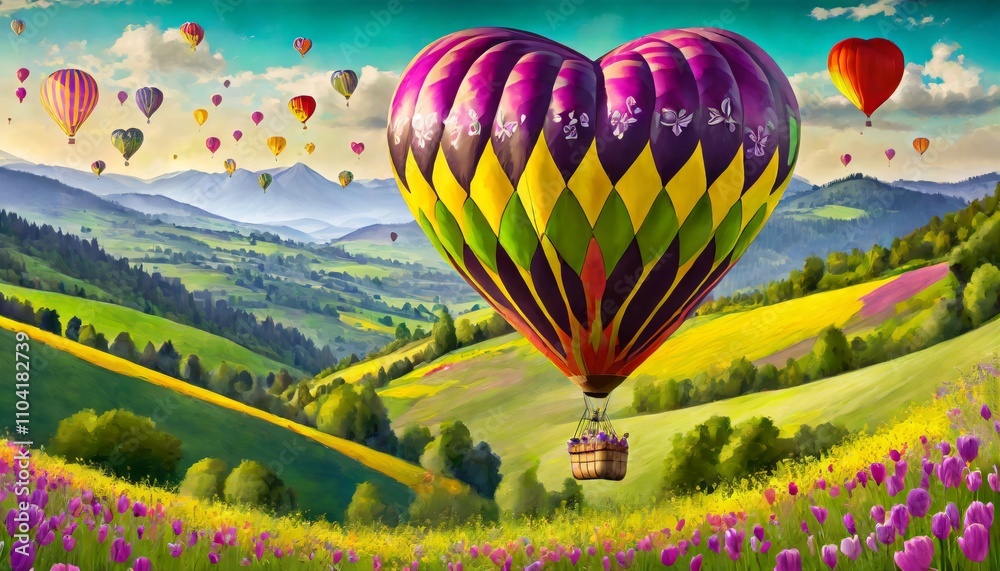 Fototapeta premium Multicolored heart-shaped hot air balloon floats over lush lavender fields in picturesque valley. mountains in background. sky dotted with several balloons.. Valentines day, Cupid, Romantic, Love