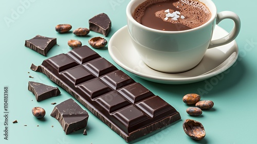 A cup of hot chocolate beside a chocolate bar and cocoa beans on a teal background.