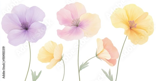 A watercolor floral clipart collection showcasing pink, purple, and yellow flowers set against a white background. The designs are charming and straightforward, featuring various watercolor flower