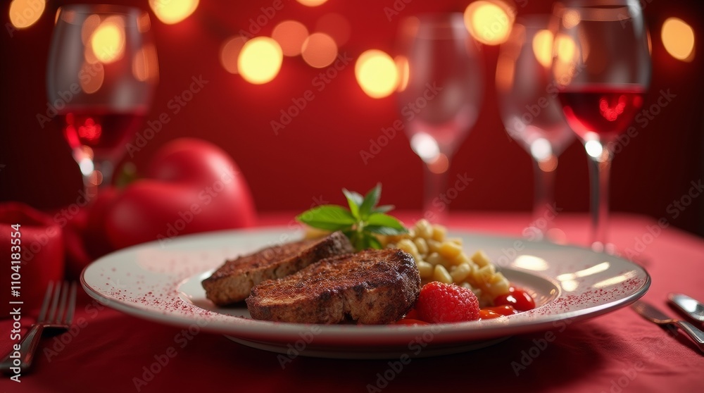 Romantic Valentine's Day dinner table set with candles, roses, and gourmet dishes Romantic Valentine's Day dinner table set with candles, roses, and gourmet dishes