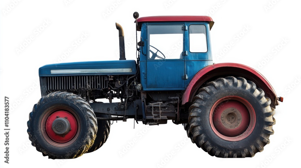 Classic blue and red tractor parked in a rural setting during the day Classic blue and red tractor parked in a rural setting during the day