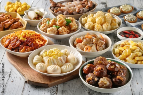 Diverse dishes and snacks arranged on a table, perfect for a buffet or event