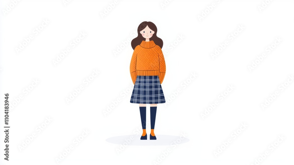Stylish girl in orange hoodie and plaid skirt. Stylish girl in orange hoodie and plaid skirt.