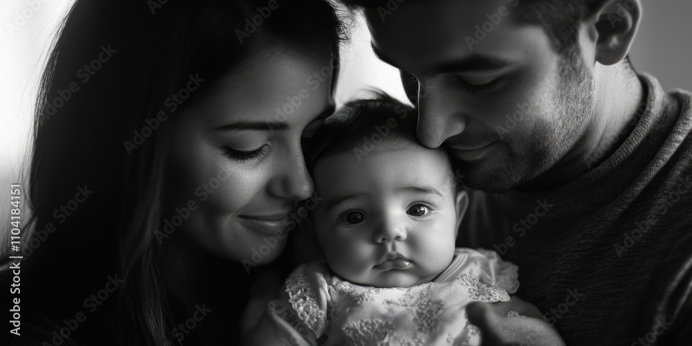A loving couple holds their newborn baby, surrounded by a warm atmosphere A loving couple holds their newborn baby, surrounded by a warm atmosphere