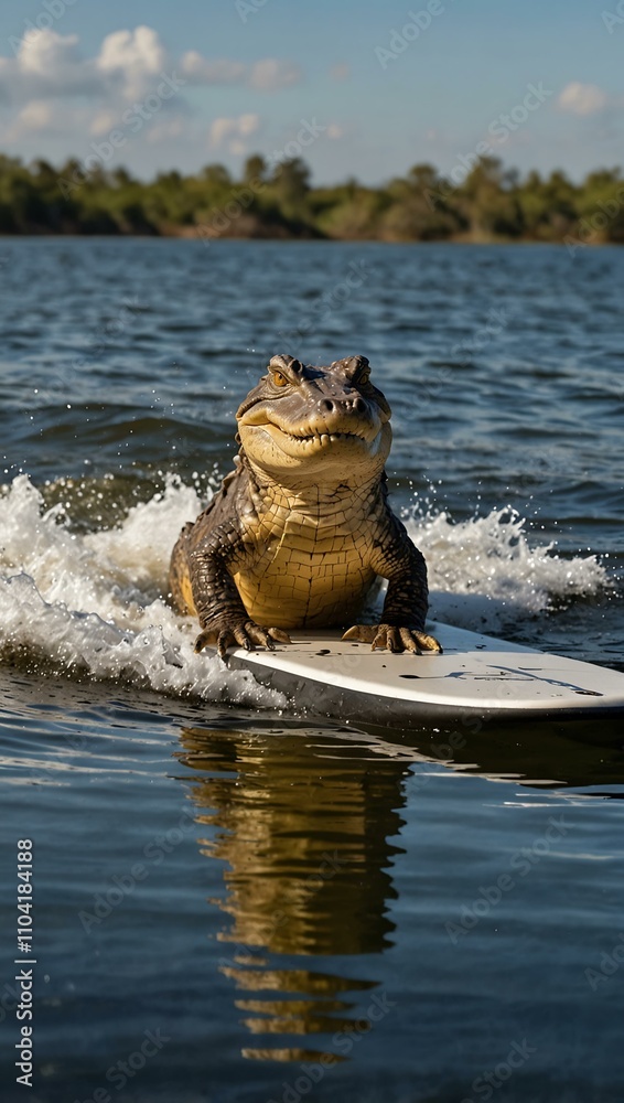 Fototapeta premium Alligator wakeboarding and snapping at waves.
