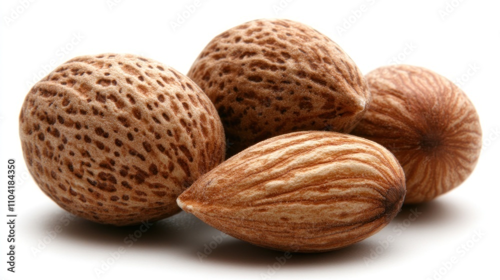 Close-up of four whole almonds on white background. Close-up of four whole almonds on white background.