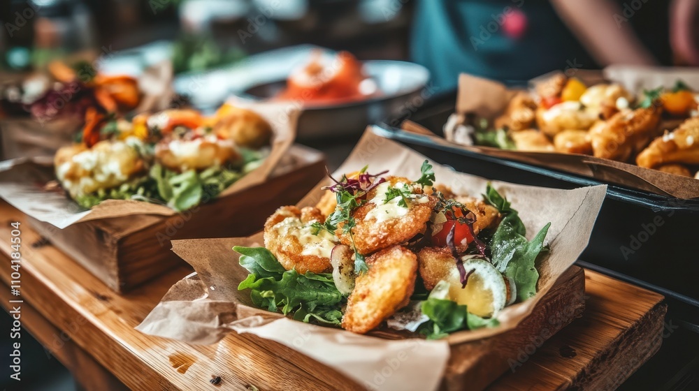 Fototapeta premium Delicious Plated Gourmet Appetizers with Fresh Greens and Colorful Ingredients Served on Rustic Wooden Trays in a Cozy Dining Setting
