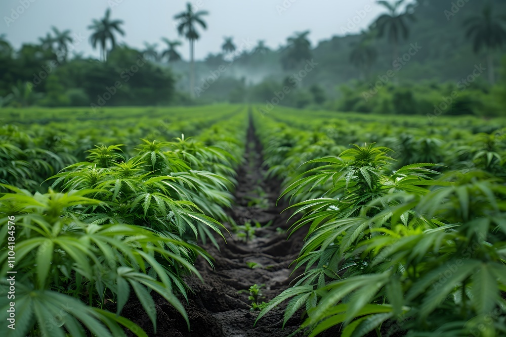 Young Crops in Fertile Soil with Mountainous Backdrop Young Crops in Fertile Soil with Mountainous Backdrop