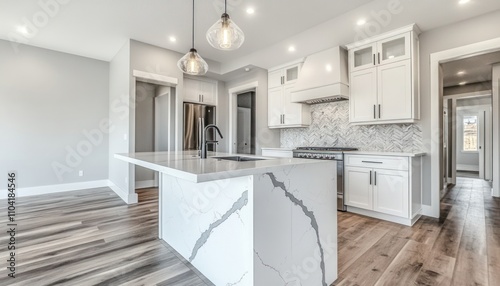 Wallpaper Mural Modern Kitchen Island with White Cabinets and Marbled Countertop Torontodigital.ca