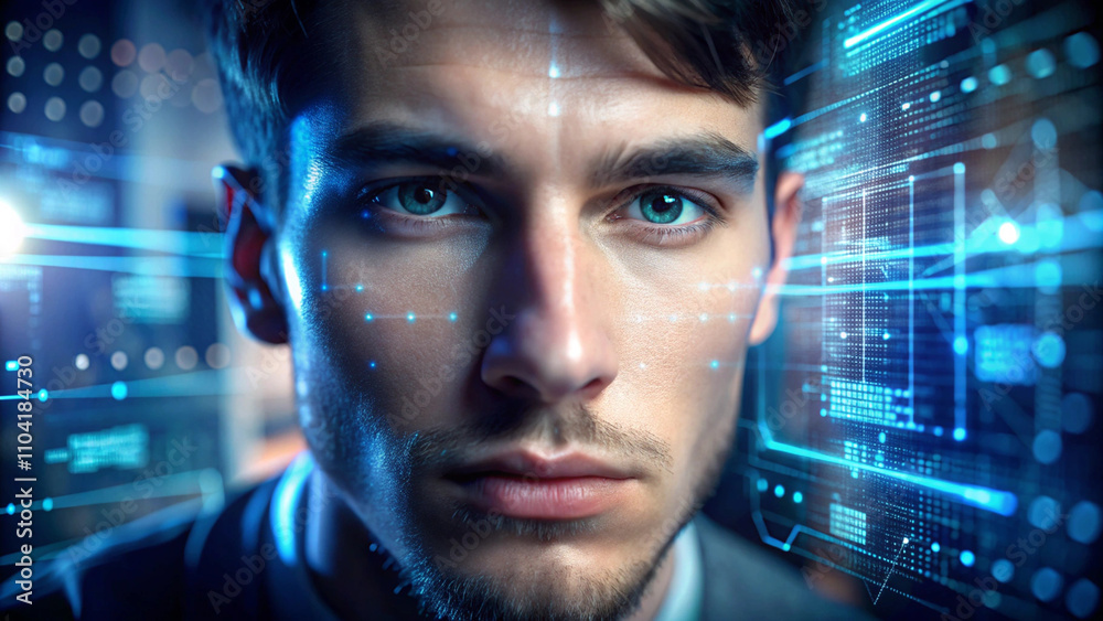 Futuristic Biometric Identification Young Man's Face Scanned with Digital Overlay