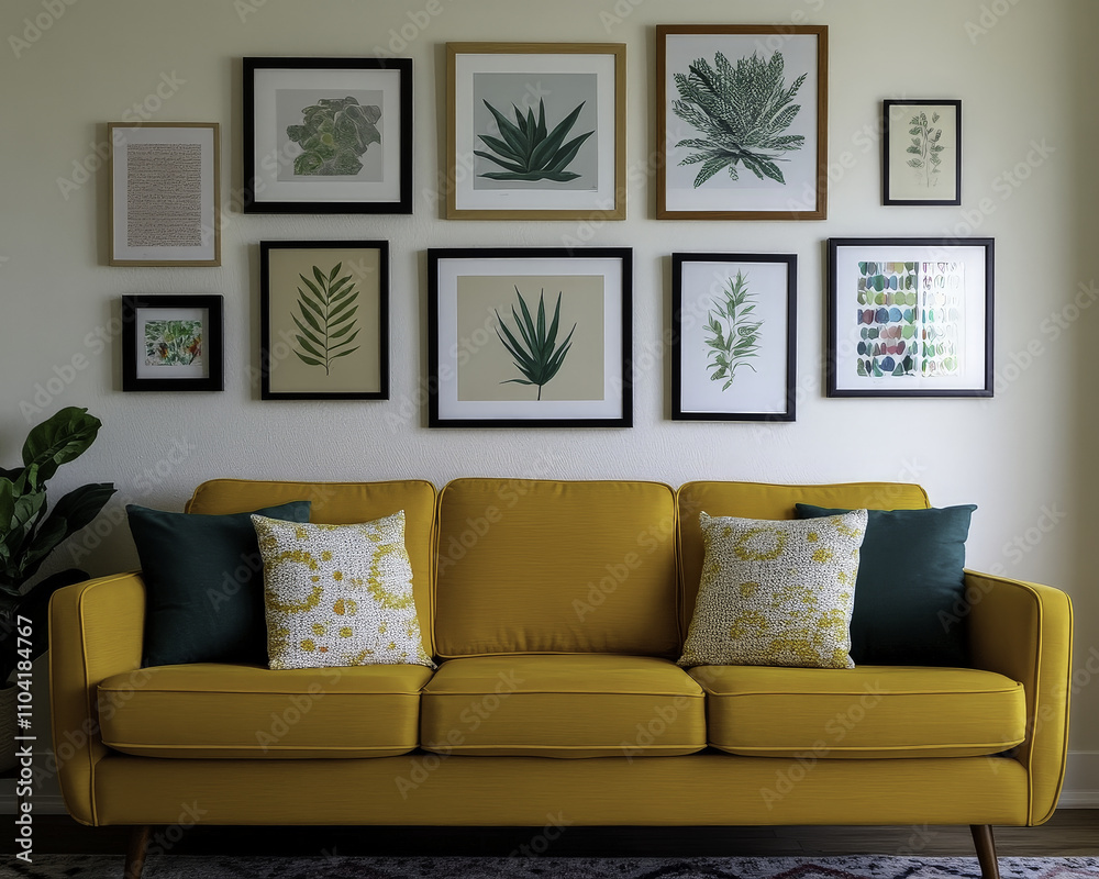 vibrant bohemian living room featuring yellow sofa and gallery wall vibrant bohemian living room featuring yellow sofa and gallery wall