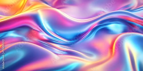 3D render of a colorful iridescent holographic background. Colorful abstract fluid liquid waves with a hologram effect, holography, a shiny wavy cloth texture.