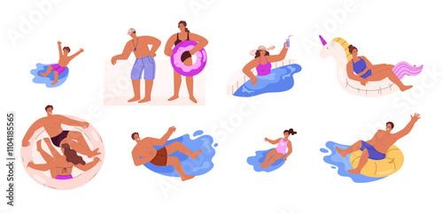 Vector illustration of a set showing characters enjoying their vacation at the water park.