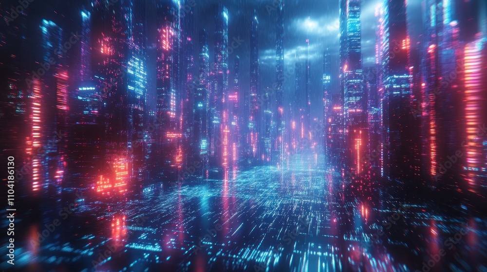 A futuristic cityscape illuminated by vibrant neon lights and digital elements. A futuristic cityscape illuminated by vibrant neon lights and digital elements.