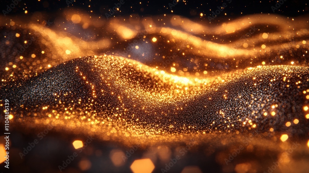 A shimmering landscape of golden particles creating a mesmerizing, wave-like effect. A shimmering landscape of golden particles creating a mesmerizing, wave-like effect.