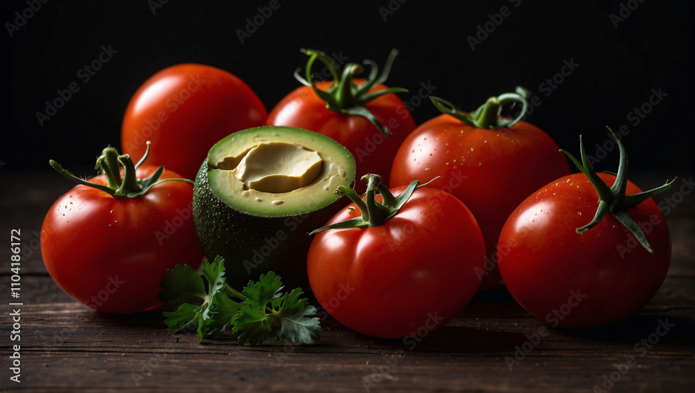 Artistic Composition of Tomatoes, Avocados, and Cilantro
