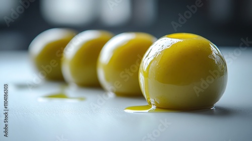 Close-up of glistening, round, preserved green olives, drizzled with oil. photo