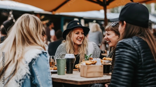 Women Enjoying Outdoor Dining and Laughter at Social Gathering with Food and Drinks, Capturing the Essence of Friendship and Togetherness in a Lively Atmosphere photo