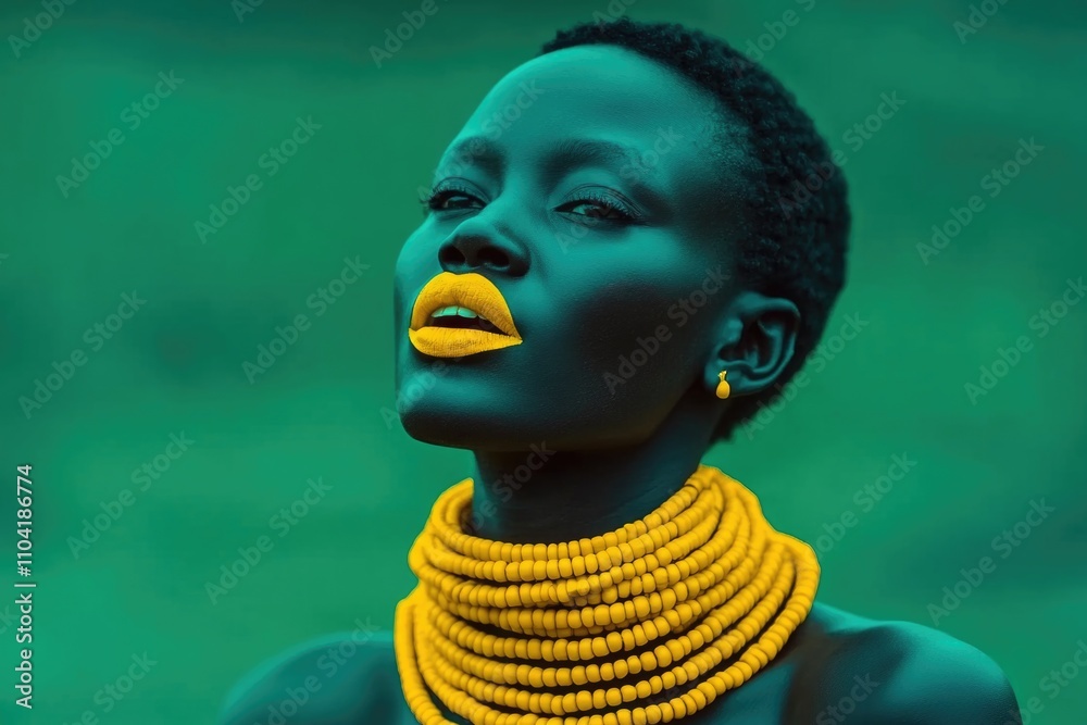 African female with vibrant yellow accessories on green background African female with vibrant yellow accessories on green background