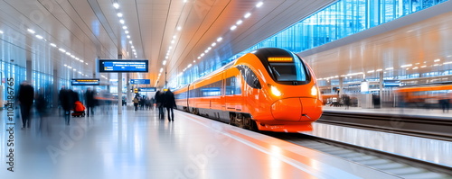 High-tech futuristic train station with magnetic trains, a spacious interior, digital screens with travel information