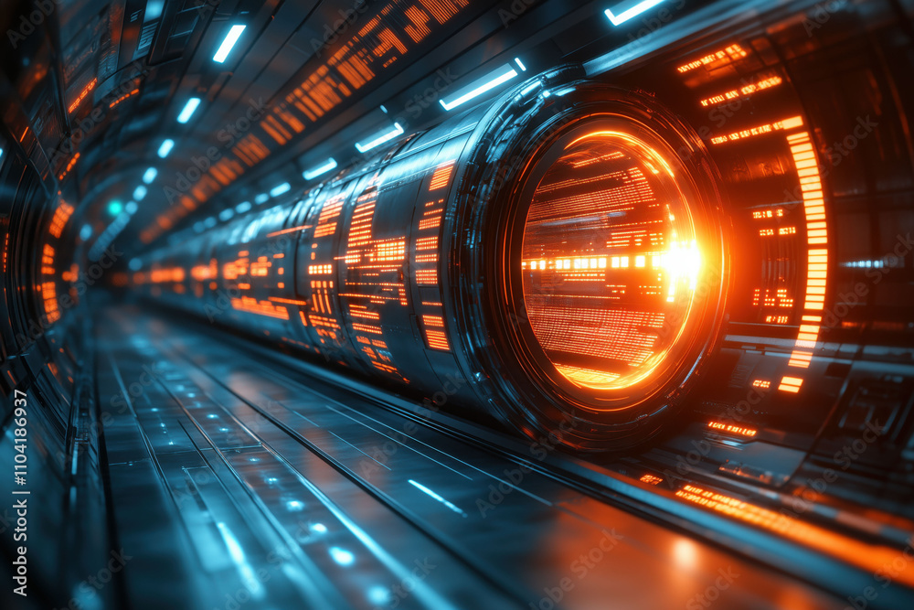 A futuristic tunnel with glowing orange and blue lights, representing a high-tech transportation system or data transfer conduit. A futuristic tunnel with glowing orange and blue lights, representing a high-tech transportation system or data transfer conduit.