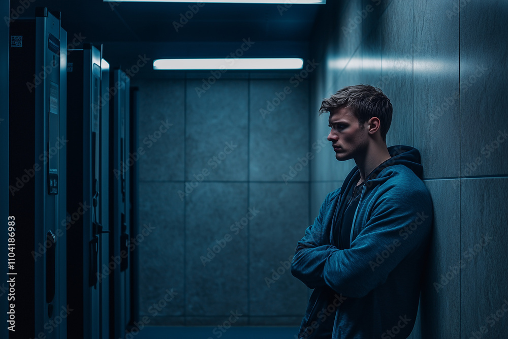 Fototapeta premium Man feeling fear and stress in public restroom
