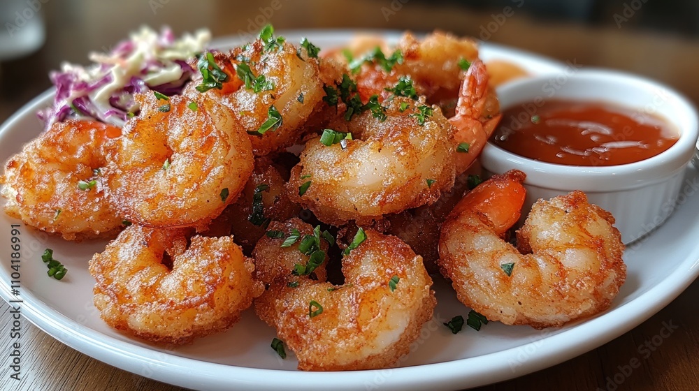 A plate of crispy fried shrimp garnished with herbs and served with a side of sauce. A plate of crispy fried shrimp garnished with herbs and served with a side of sauce.