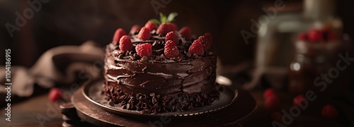 A decadent chocolate cake topped with raspberries and chocolate shavings, set in a cozy ambiance.