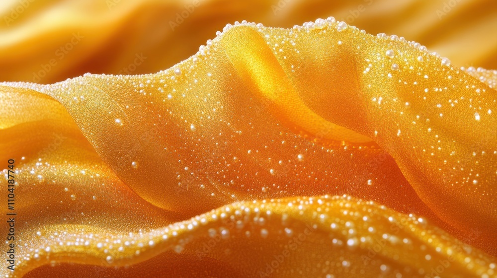 Close-up of golden fabric with water droplets, flowing texture. Close-up of golden fabric with water droplets, flowing texture.