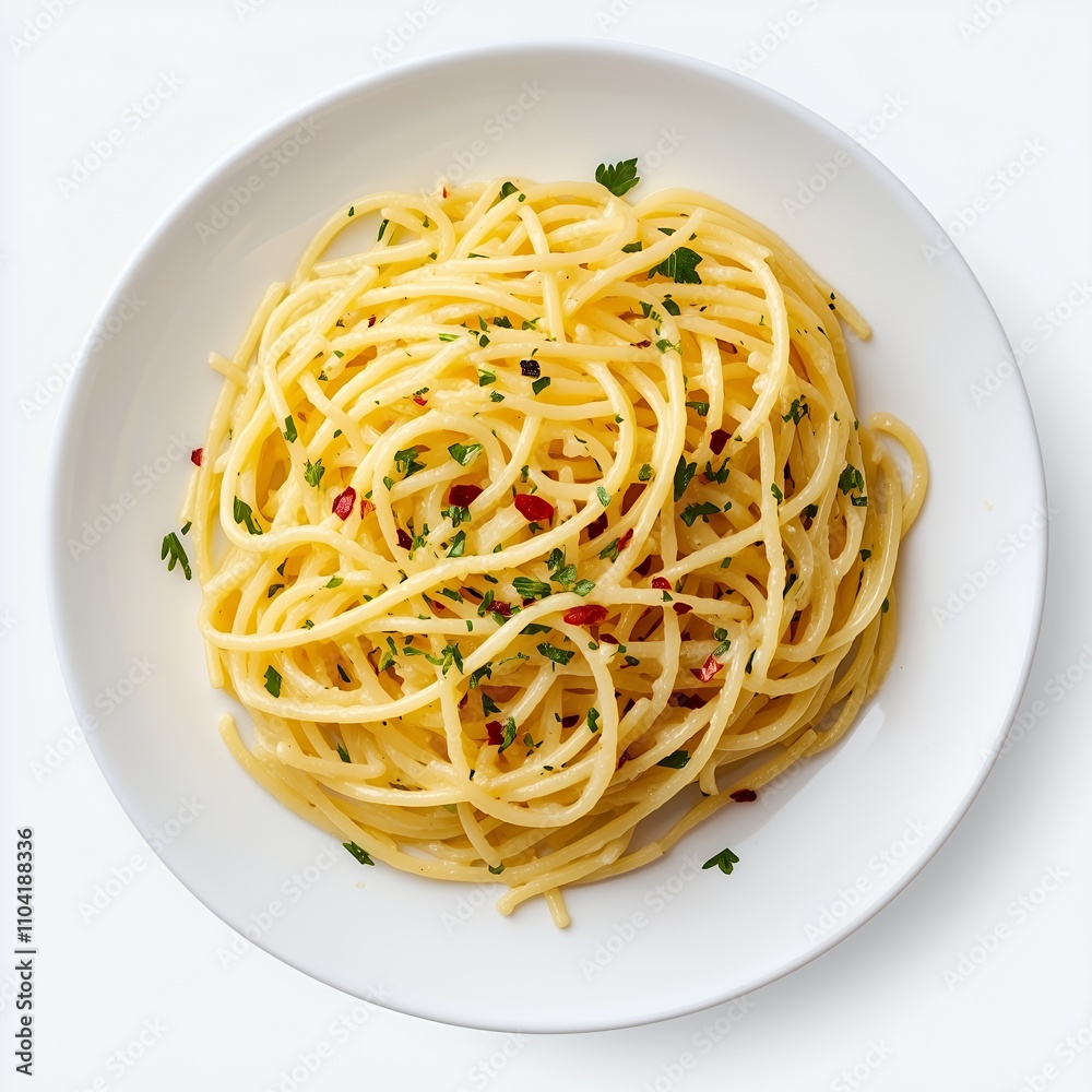 A plate of spaghetti garnished with herbs and red pepper flakes. A plate of spaghetti garnished with herbs and red pepper flakes.