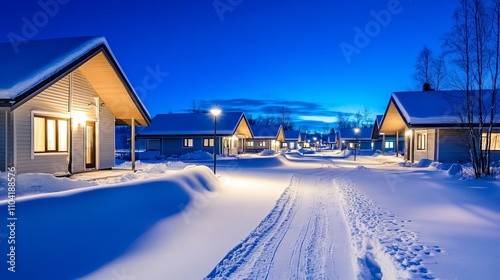 Snowy village with onestory winter cottages ideal for family vacations shown at night photo