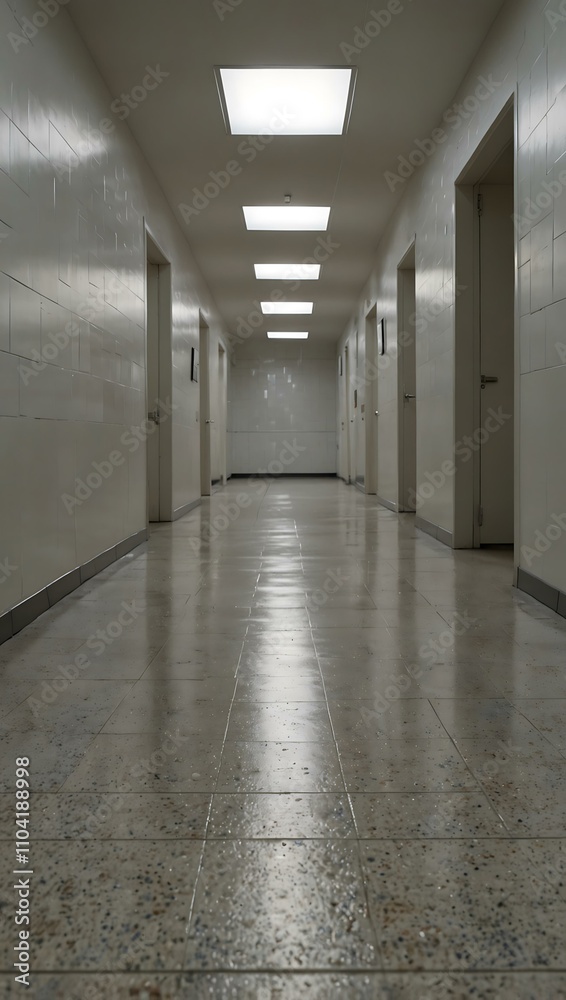 Naklejka premium An empty white hallway with tiled floors, subtly blurred with space for custom text.