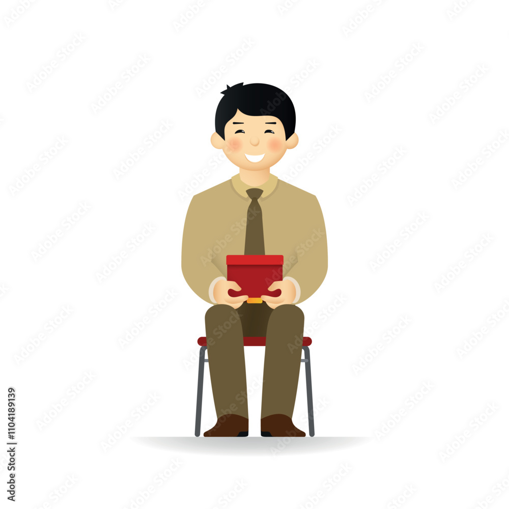 Vector cheeky asian man in business suit posing. Sitting and holding box. Vector cheeky asian man in business suit posing. Sitting and holding box.